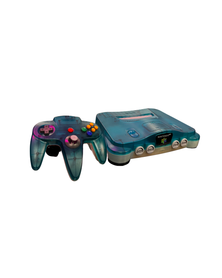 Front view of a Funtastic ice blue Nintendo 64 console with its original matching translucent controller connected