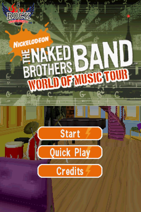 The Naked Bros Band start screen for Nintendo DS (DS) music rhythm video game