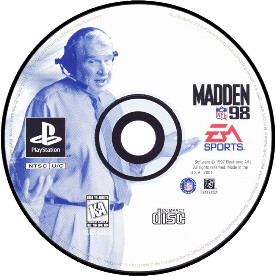 Madden NFL 98 PlayStation 1 PS1 video game, American football sports simulation, classic Madden gameplay, franchise and multiplayer modes, console title disc