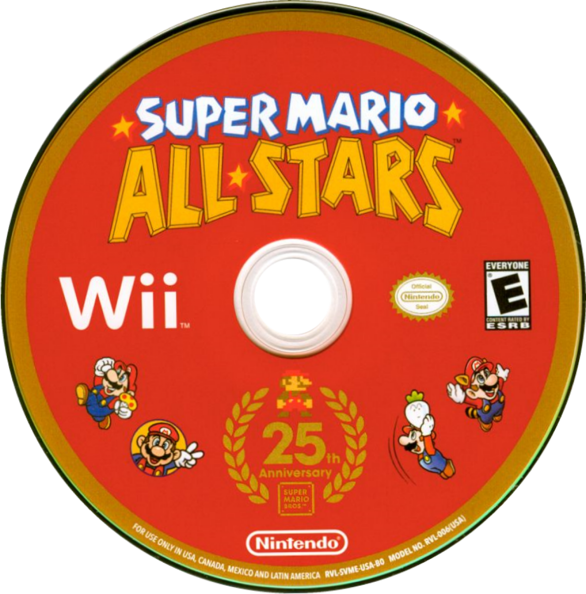 Super Mario All-Stars Wii 25th Anniversary Limited Edition platform collection featuring enhanced 16-bit versions of Super Mario Bros., Super Mario Bros.: The Lost Levels, Super Mario Bros. 2, and Super Mario Bros. 3 — includes collectible packaging and a commemorative history booklet and soundtrack CD for the Nintendo Wii. disc