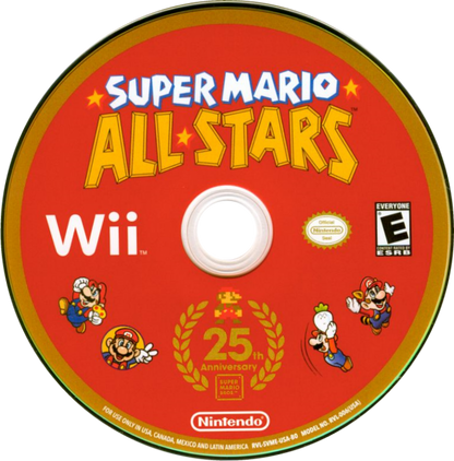 Super Mario All-Stars Wii 25th Anniversary Limited Edition platform collection featuring enhanced 16-bit versions of Super Mario Bros., Super Mario Bros.: The Lost Levels, Super Mario Bros. 2, and Super Mario Bros. 3 — includes collectible packaging and a commemorative history booklet and soundtrack CD for the Nintendo Wii. disc