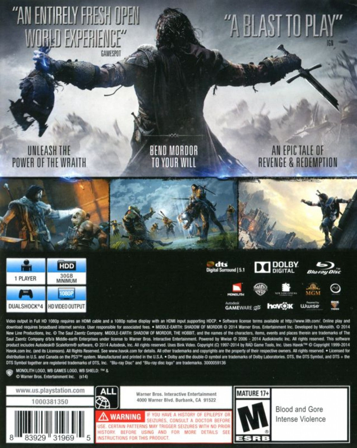 Middle Earth: Shadow of Mordor – PlayStation 4 (PS4) video game back of case, action adventure game