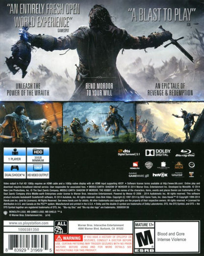 Middle Earth: Shadow of Mordor – PlayStation 4 (PS4) video game back of case, action adventure game