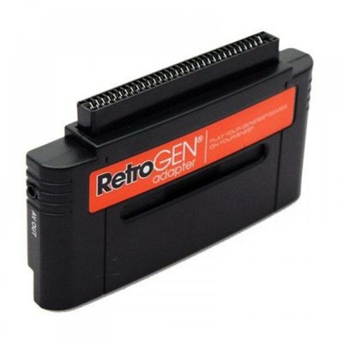 RetroGEN adapter cartridge converter for playing Sega Genesis games on Super Nintendo SNES consoles region-free gameplay complete in box CIB front top of cartridge