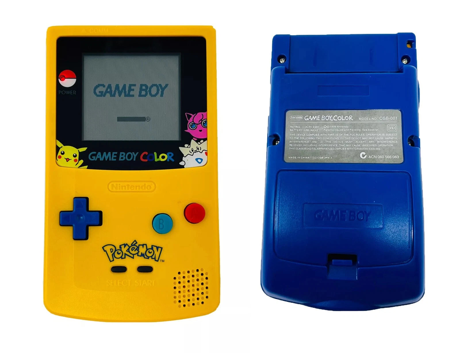 Nintendo Game Boy Color Pokémon Special Pikachu Edition handheld gaming system featuring vibrant yellow Pikachu themed design blue and yellow control buttons portable gaming compatible with Game Boy and Game Boy Color games battery powered Nintendo hardware iconic Pokémon collectible console gaming appeal