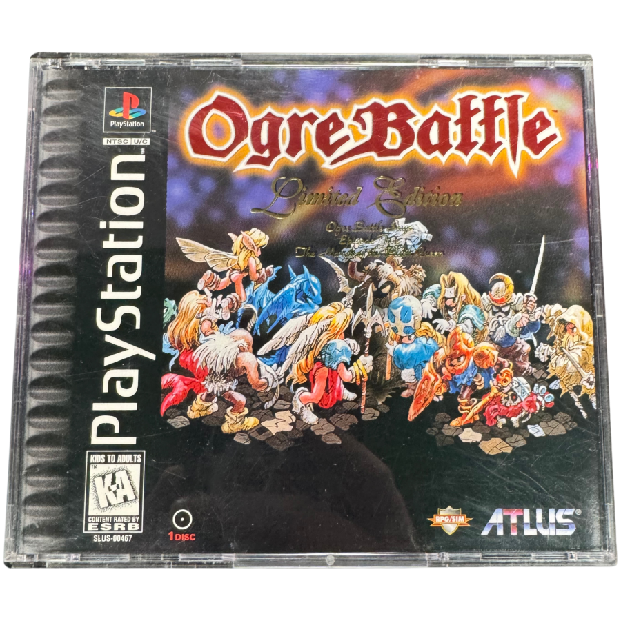 Ogre Battle PlayStation 1 PS1 strategy role playing video game featuring tactical battles real-time unit movement fantasy warfare character recruitment army management magical attacks kingdom liberation and classic PlayStation 1 PS1 gameplay collectible retro gaming appeal cover art