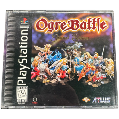Ogre Battle PlayStation 1 PS1 strategy role playing video game featuring tactical battles real-time unit movement fantasy warfare character recruitment army management magical attacks kingdom liberation and classic PlayStation 1 PS1 gameplay collectible retro gaming appeal cover art