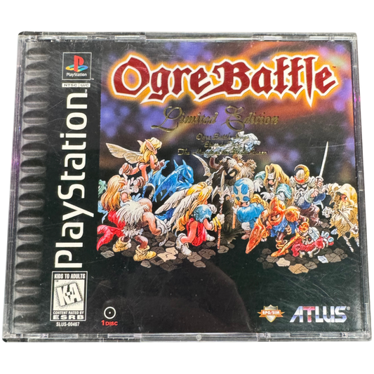Ogre Battle PlayStation 1 PS1 strategy role playing video game featuring tactical battles real-time unit movement fantasy warfare character recruitment army management magical attacks kingdom liberation and classic PlayStation 1 PS1 gameplay collectible retro gaming appeal cover art