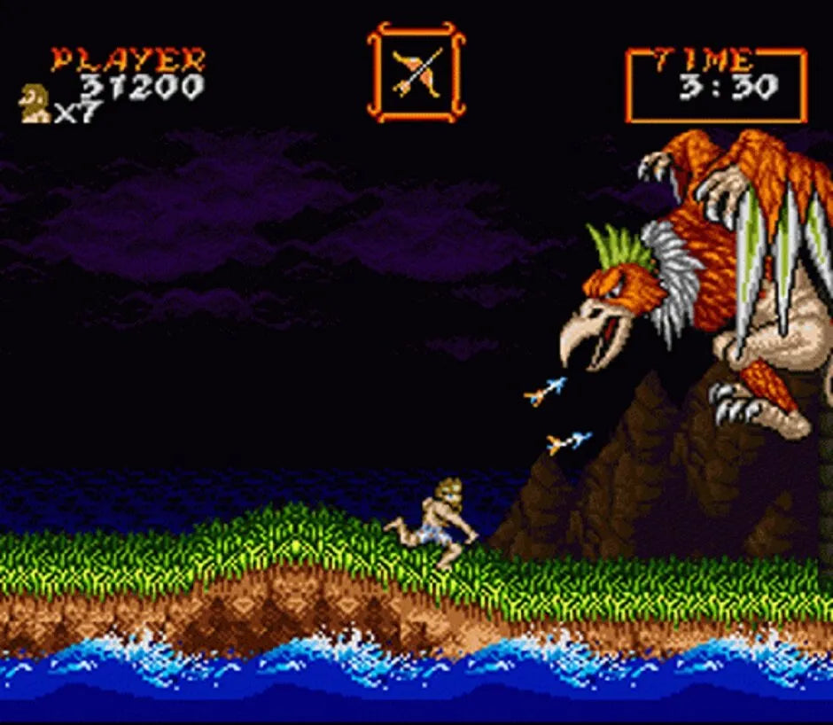Retro Super Ghouls n Ghosts SNES inspired design featuring classic side scrolling action platformer aesthetic dark fantasy monsters medieval knight armor challenging arcade gameplay gothic horror atmosphere nostalgic Super Nintendo presentation gameplay