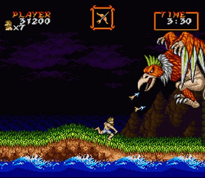 Retro Super Ghouls n Ghosts SNES inspired design featuring classic side scrolling action platformer aesthetic dark fantasy monsters medieval knight armor challenging arcade gameplay gothic horror atmosphere nostalgic Super Nintendo presentation gameplay