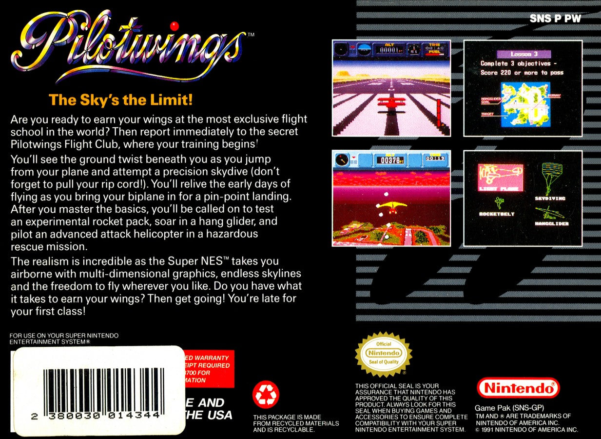 Pilotwings – Super Nintendo Entertainment System (SNES) back cover art 