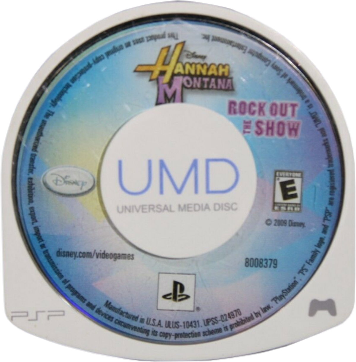 Hannah Montana: Rock It Out disc art for Playstation Portable (PSP). A rhythm‑focused music game starring Hannah Montana, featuring pop‑concert performances, dance routines, and customization elements inspired by the show. 