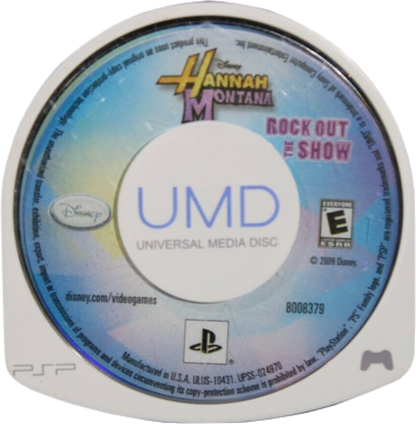 Hannah Montana: Rock It Out disc art for Playstation Portable (PSP). A rhythm‑focused music game starring Hannah Montana, featuring pop‑concert performances, dance routines, and customization elements inspired by the show. 