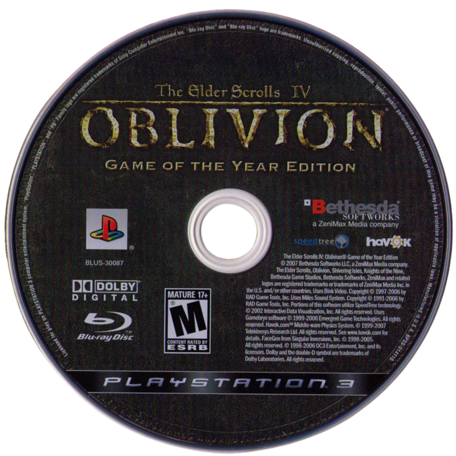Elder Scrolls IV Oblivion Game of the Year Edition PlayStation 3 open-world action RPG Bethesda massive fantasy realm Cyrodiil first-person or third-person combat character creation guilds factions Mages Guild Fighters Guild Dark Brotherhood Thieves Guild main quest Oblivion gates Mehrunes Dagon Shivering Isles expansion Knights of the Nine expansion hundreds of hours exploration dungeon crawling spellcasting swordplay enchanting alchemy NPC interactions radiant AI disc