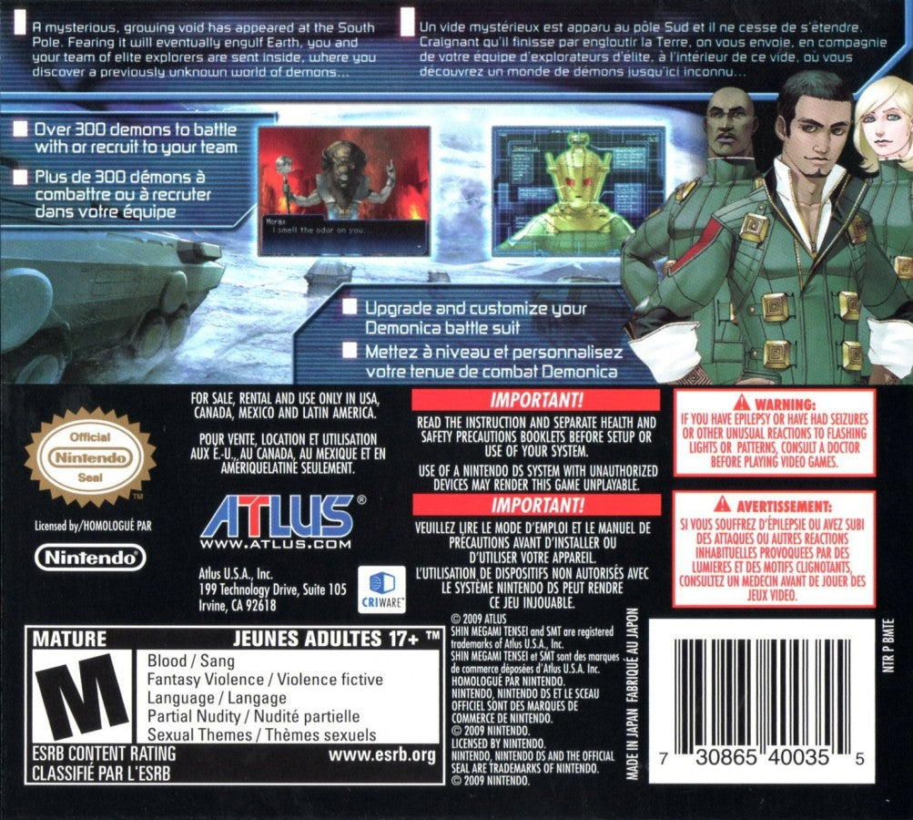 Shin Megami Tensei Strange Journey Nintendo DS game featuring first person dungeon crawling RPG gameplay with demon negotiation alignment based story paths and strategic turn based combat in a sci fi setting back cover