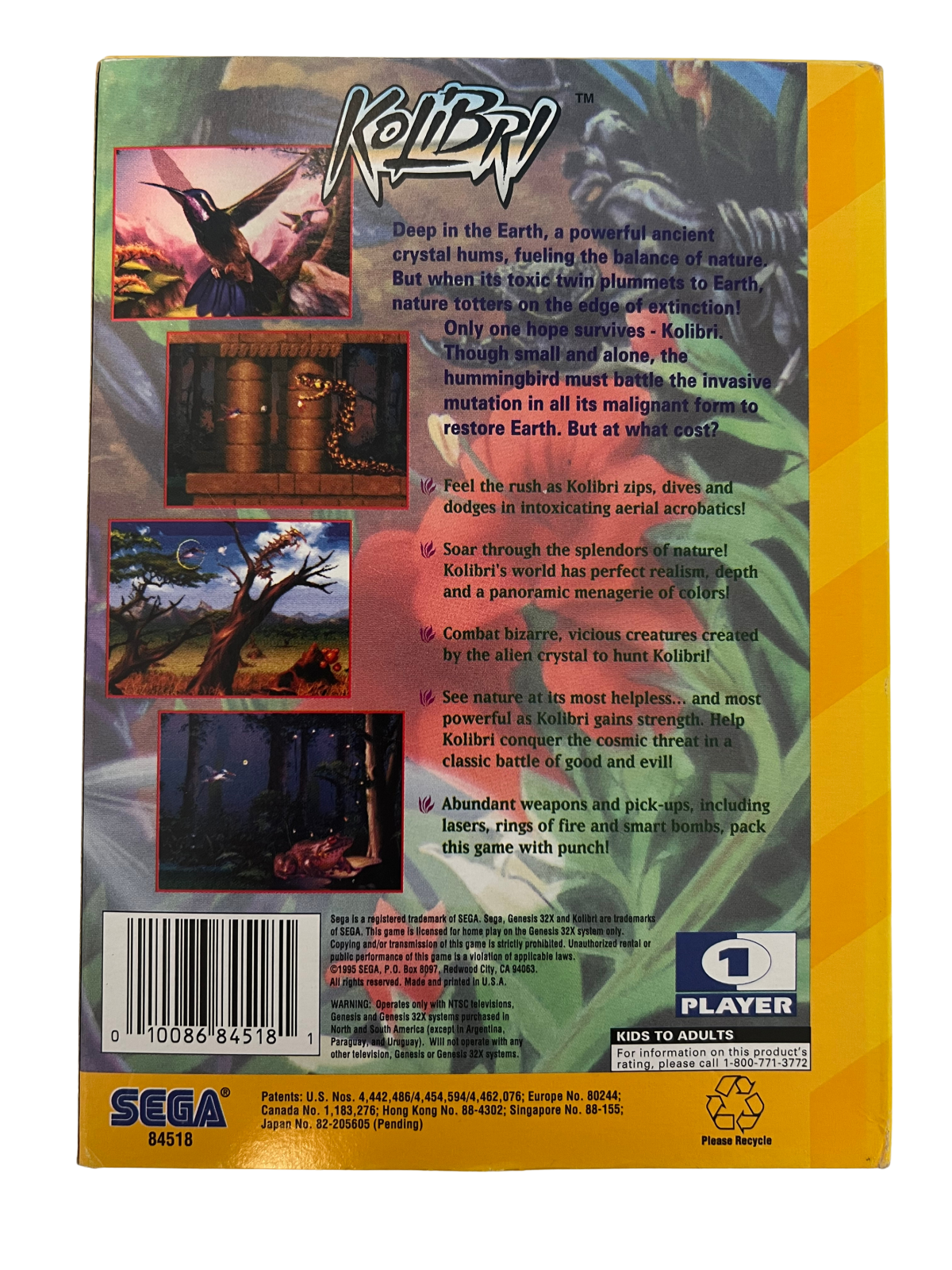 Kolibri Sega 32X retro video game action shooter back of case (1995)