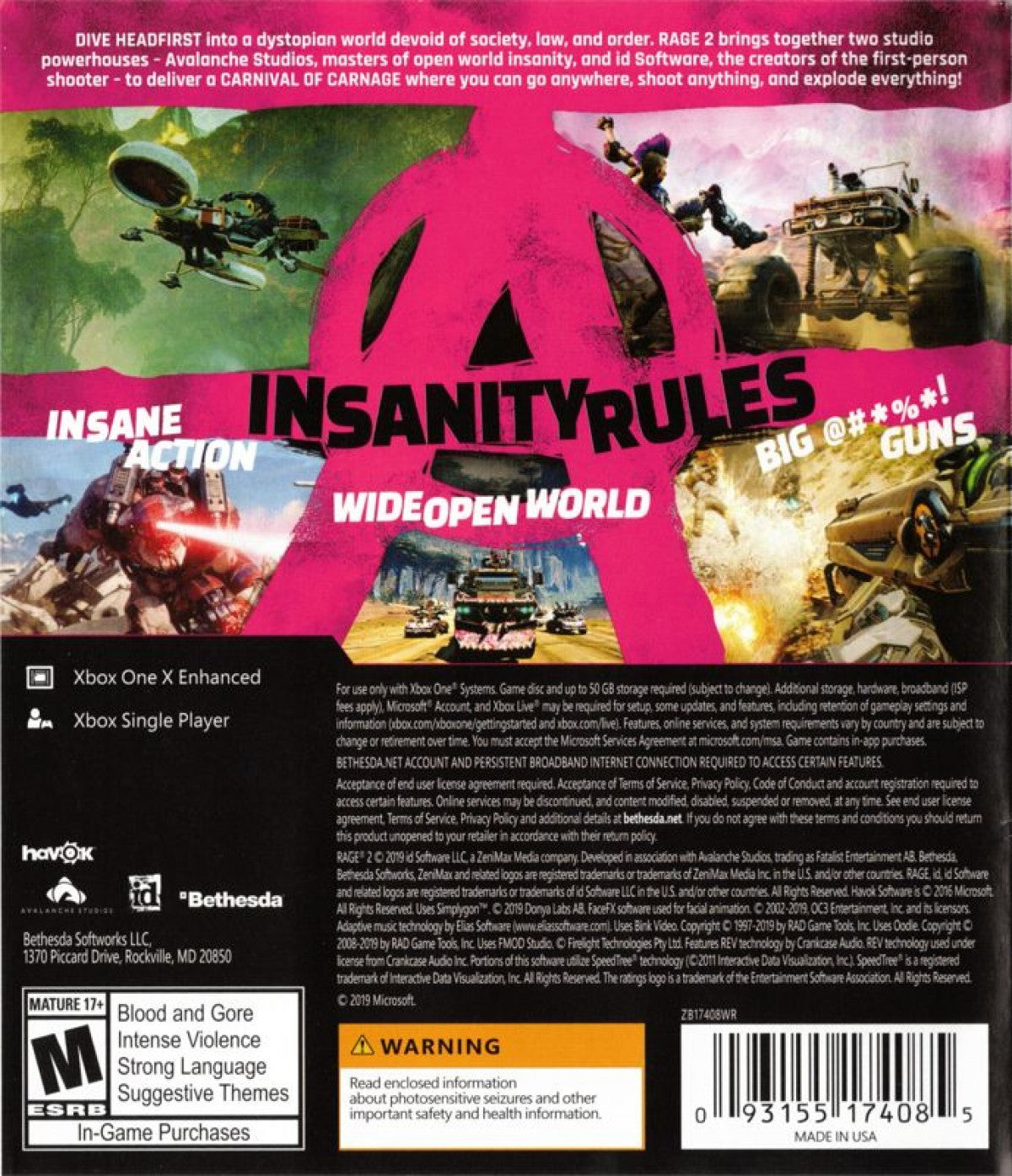 Rage 2 – Xbox One (XONE) back of case for post-apocalyptic first-person shooter video game