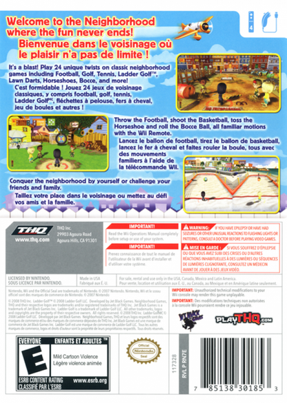 Neighborhood Games back cover art for Nintendo Wii (Wii) featuring casual motion‑controlled sports and mini‑games like basketball, football, and darts in a backyard setting.