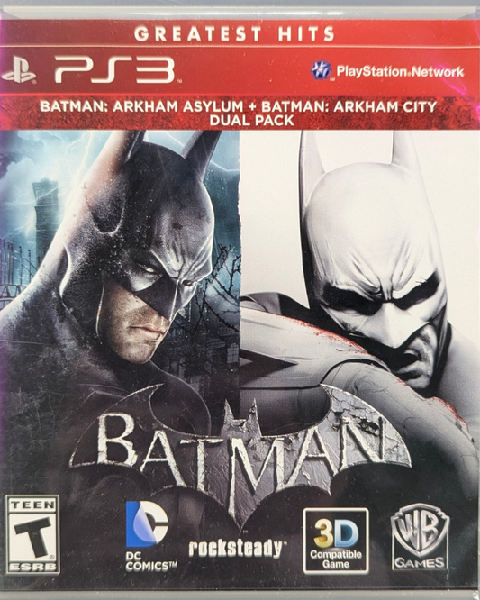 Batman Arkham Asylum & Batman Arkham City Dual Pack Greatest Hits PlayStation 3 PS3 video game, action adventure bundle, superhero combat and stealth gameplay, console title front cover