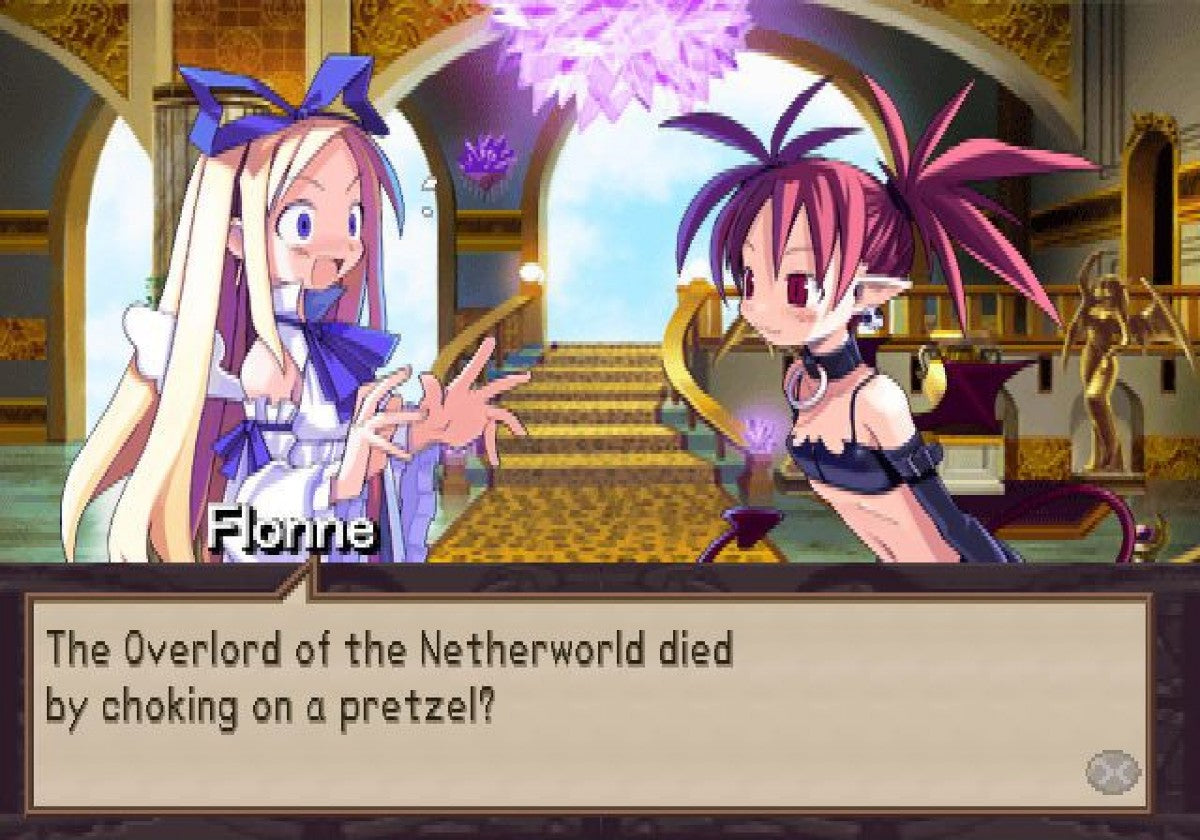 Disgaea Hour of Darkness game for the PlayStation 2 featuring tactical RPG gameplay with grid based battles deep character leveling humorous storylines and over the top mechanics set in the Netherworld starring Laharl and companions gameplay