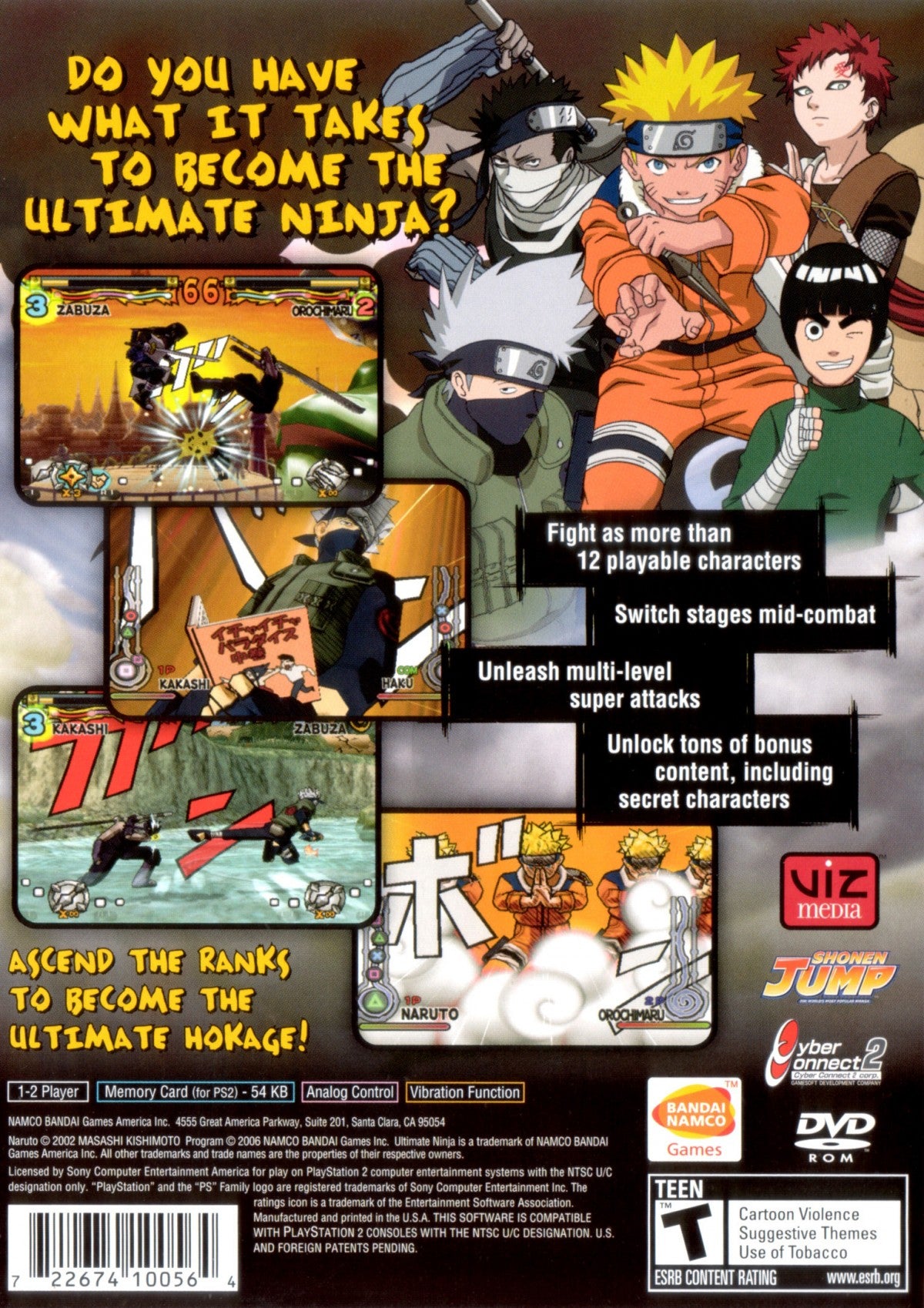 Naruto Ultimate Ninja PlayStation 2 PS2 for retro video game enthusiasts featuring anime fighting gameplay fast paced ninja battles cel shaded visuals special jutsu attacks story based missions iconic Naruto characters and collectible gaming appeal back cover art
