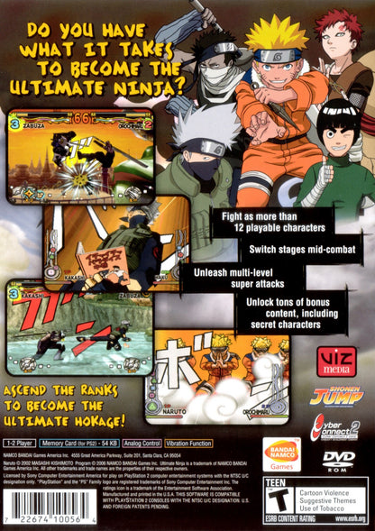 Naruto Ultimate Ninja PlayStation 2 PS2 for retro video game enthusiasts featuring anime fighting gameplay fast paced ninja battles cel shaded visuals special jutsu attacks story based missions iconic Naruto characters and collectible gaming appeal back cover art