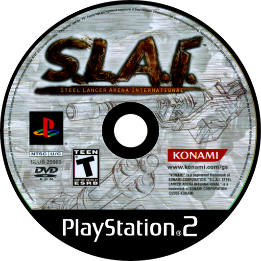 SLAI Steel Lancer Arena International PS2 Sony PlayStation 2 vehicular combat action game customizable combat vehicles arena battles futuristic racing and shooting missions Konami multiplayer combat retro gaming PlayStation 2 software video game title disc