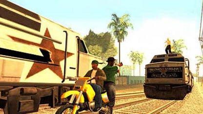 Retro Grand Theft Auto San Andreas Greatest Hits PS2 inspired design featuring open world crime action aesthetic vintage PlayStation 2 urban street culture gang warfare sprawling city environments chaotic missions iconic Rockstar gameplay nostalgic sandbox adventure presentation - gameplay