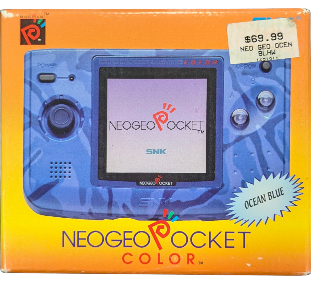 Neo Geo Pocket Color System (NGPC) [Ocean Blue][CIB] in scratch and scuff condition featuring SNK’s compact handheld with a crisp color screen and clicky micro switch stick ideal for arcade style play; includes the original box and contents but shows noticeable cosmetic wear on the system shell real front box