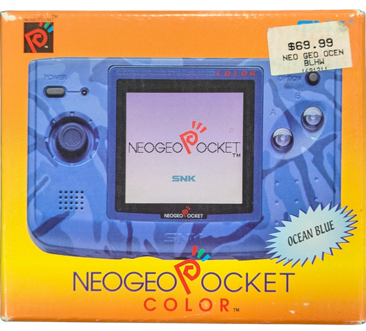 Neo Geo Pocket Color System (NGPC) [Ocean Blue][CIB] in scratch and scuff condition featuring SNK’s compact handheld with a crisp color screen and clicky micro switch stick ideal for arcade style play; includes the original box and contents but shows noticeable cosmetic wear on the system shell real front box