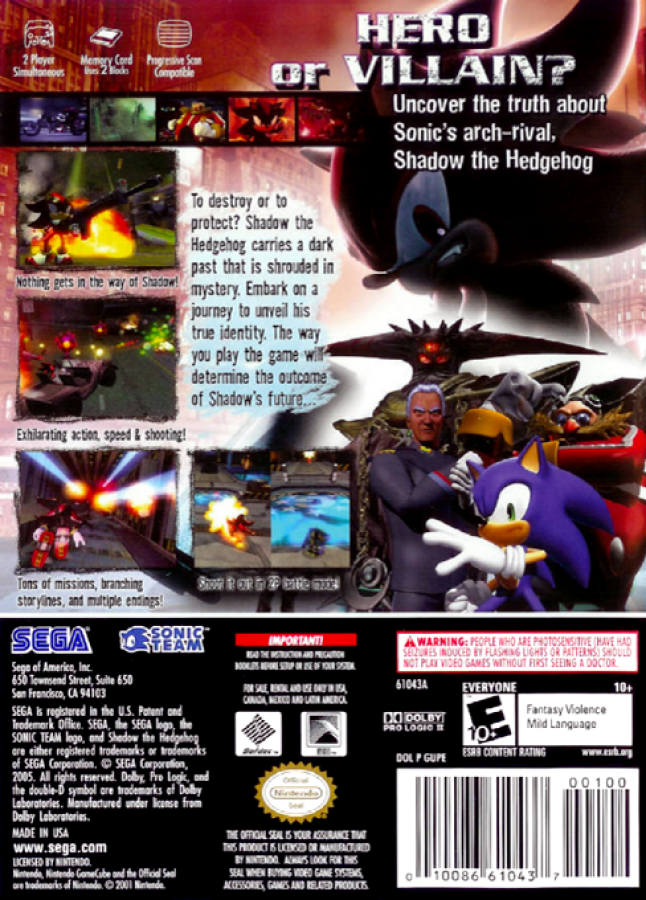 Shadow The Hedgehog for GameCube back cover art