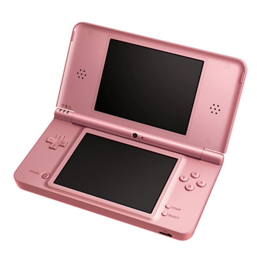 Opened Nintendo DSi XL in rose pink powered off, showing dual screens, hinge, and control buttons