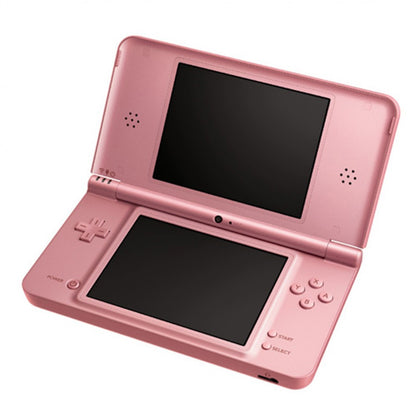 Opened Nintendo DSi XL in rose pink powered off, showing dual screens, hinge, and control buttons