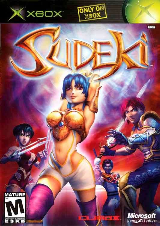 Sudeki Xbox game featuring action RPG combat, character switching gameplay, and an epic fantasy adventure storyline cover art
