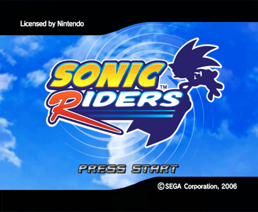Sonic Riders title screen art for GameCube (GC) game featuring high-speed hoverboard racing and arcade-style competition