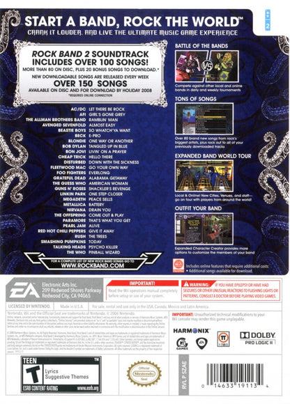 Rock Band 2 – Nintendo Wii (Wii) rhythm music band performance video game back of case