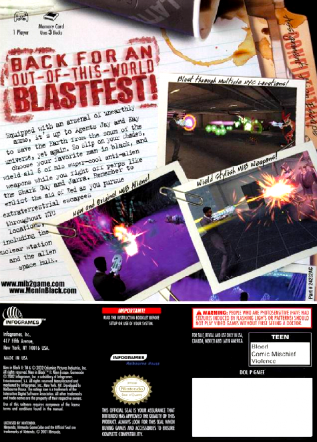 Men in Black II Alien Escape GameCube GC video game, third-person shooter, sci-fi action, movie tie-in, adventure gameplay, Nintendo GameCube title back cover