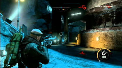 Retro Red Faction Armageddon Xbox 360 inspired design featuring sci fi third person shooter aesthetic vintage HD era Martian underground destruction geomod gameplay alien infestation explosive combat futuristic rebellion industrial ruins chaos nostalgic action game presentation gameplay