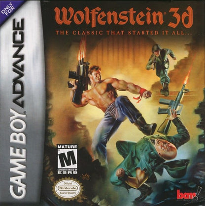 Wolfenstein 3D Game Boy Advance GBA video game featuring first person shooter gameplay Nazi fortress exploration weapon combat enemy encounters secret rooms mission based action and classic handheld gaming retro video game collection collectible gaming appeal cover art