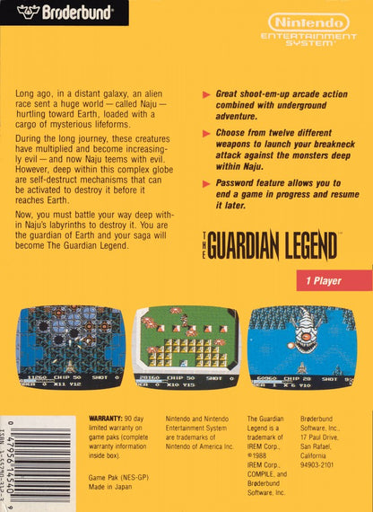 The Guardian Legend Nintendo Entertainment System NES for action adventure video game fans featuring sci fi exploration top down shooting side scrolling combat challenging enemies maze like environments power ups boss battles and classic Nintendo gameplay collectible gaming appeal back cover art