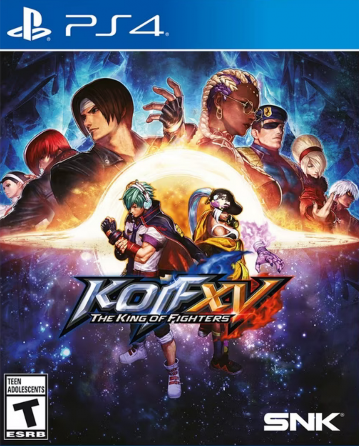 King of Fighters XV for PlayStation 4 (PS4) at Gamers INC, featuring the legendary 3-on-3 fighting system with a massive roster of classic and new fighters, rollback netcode for smoother online matches, and stunning visuals powered by Unreal Engine for the most intense KOF battles yet front cover