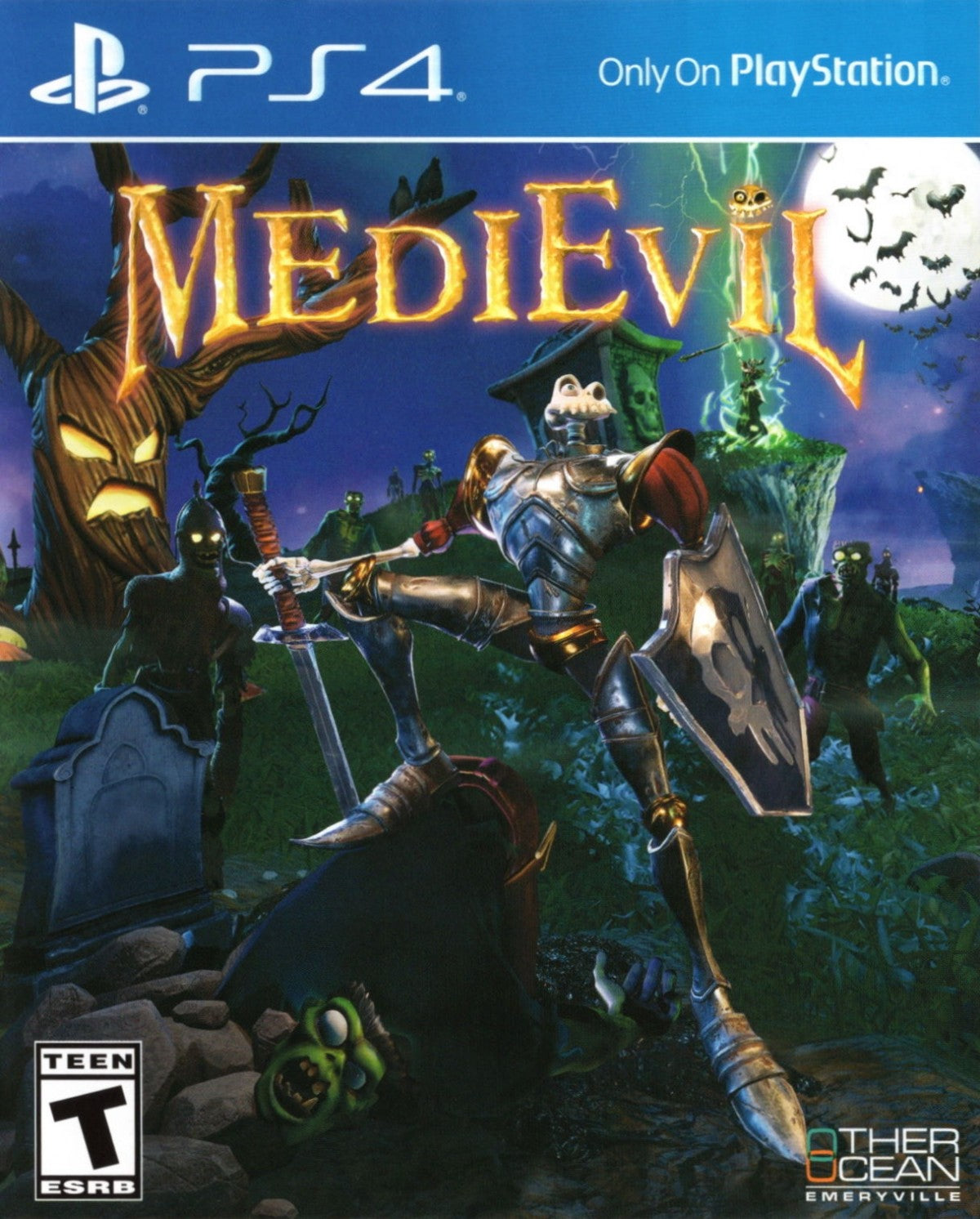 MediEvil game for the PlayStation 4 featuring action adventure gameplay with hack and slash combat puzzle solving and a gothic fantasy setting as Sir Daniel Fortesque battles undead enemies in a remade version of the classic PlayStation title front cover