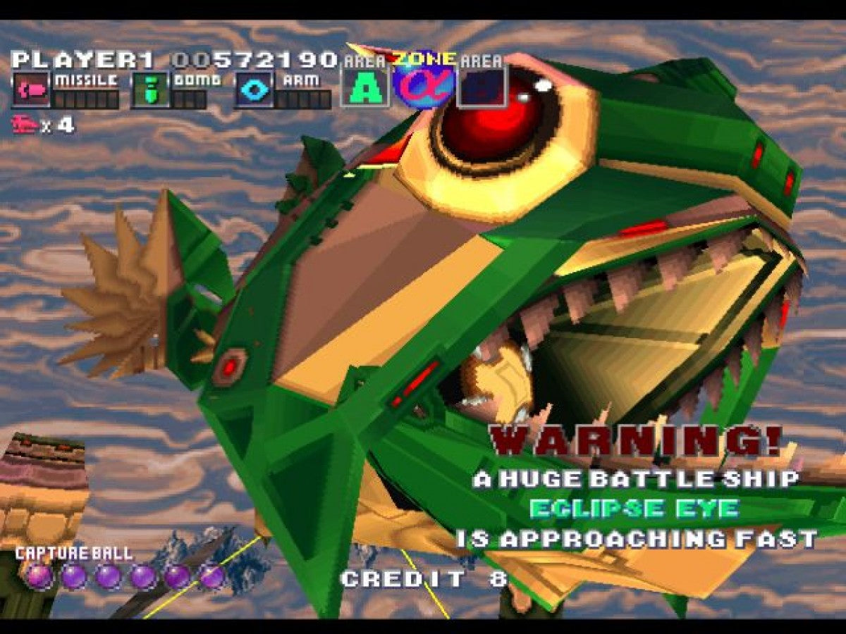 G Darius PlayStation PS1 for shoot em up video game fans featuring side scrolling arcade shooter gameplay intense space battles powerful laser weapons massive boss encounters strategic combat mechanics classic Taito action sci fi adventure challenging levels collectible gaming appeal gameplay