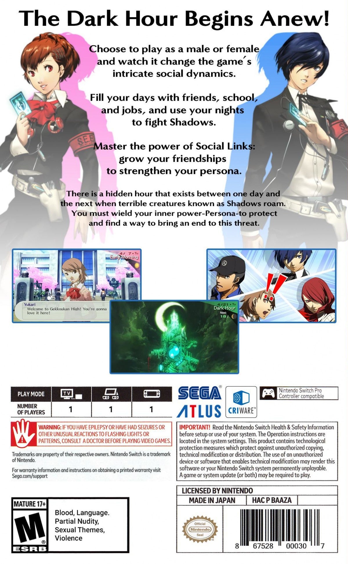 Persona 3 Portable Limited Run #213 SDCC Foil Nintendo Switch NS video game featuring role playing gameplay high school life simulation dungeon exploration turn based combat Persona battles social links character development supernatural mystery storyline limited edition collectible release back cover