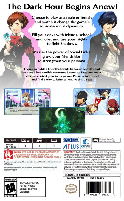 Persona 3 Portable Limited Run #213 SDCC Foil Nintendo Switch NS video game featuring role playing gameplay high school life simulation dungeon exploration turn based combat Persona battles social links character development supernatural mystery storyline limited edition collectible release back cover
