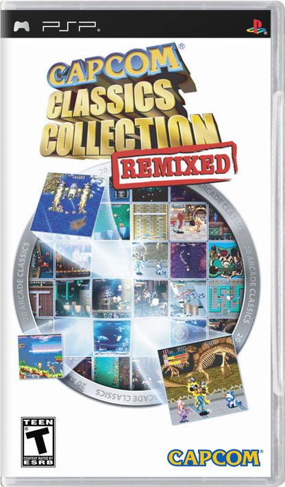 Capcom Classics Collection Remixed retro PSP video game Capcom Classics Collection Remixed arcade compilation classic Capcom retro gaming fighting shooter platform action titles handheld release cover art