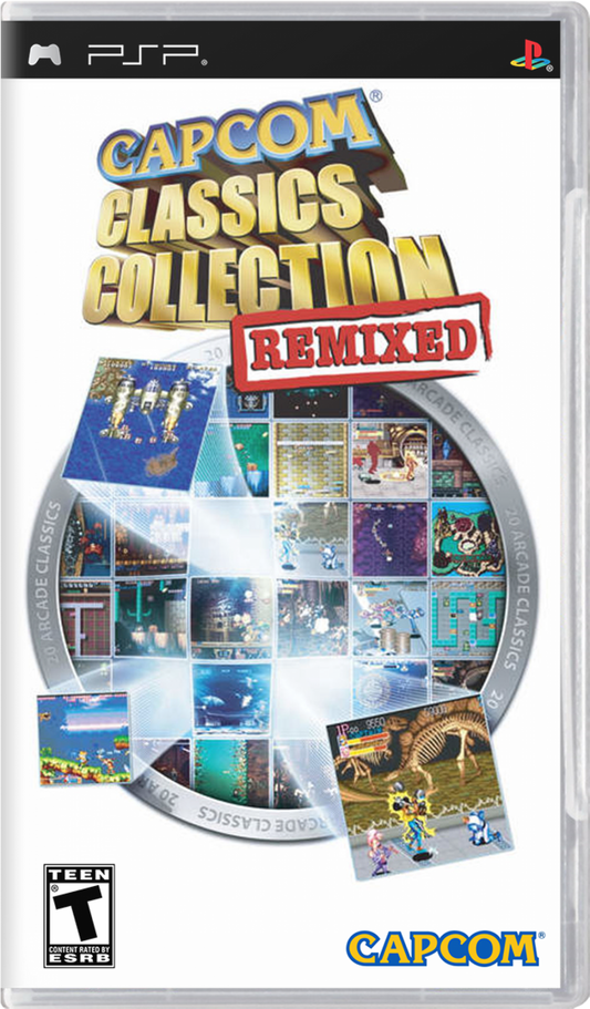 Capcom Classics Collection Remixed retro PSP video game Capcom Classics Collection Remixed arcade compilation classic Capcom retro gaming fighting shooter platform action titles handheld release cover art