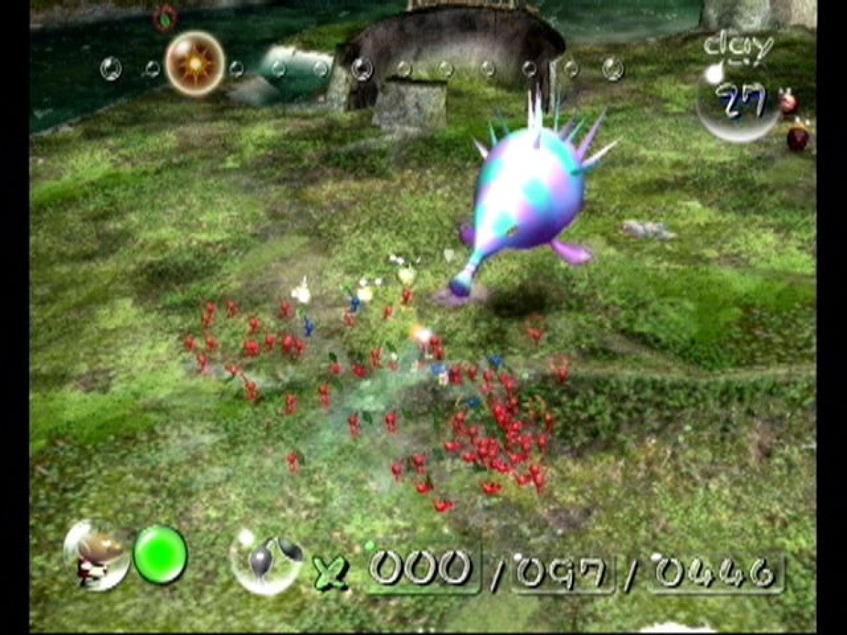 Pikmin gameplay for Nintendo GameCube (GC) real-time strategy adventure video game