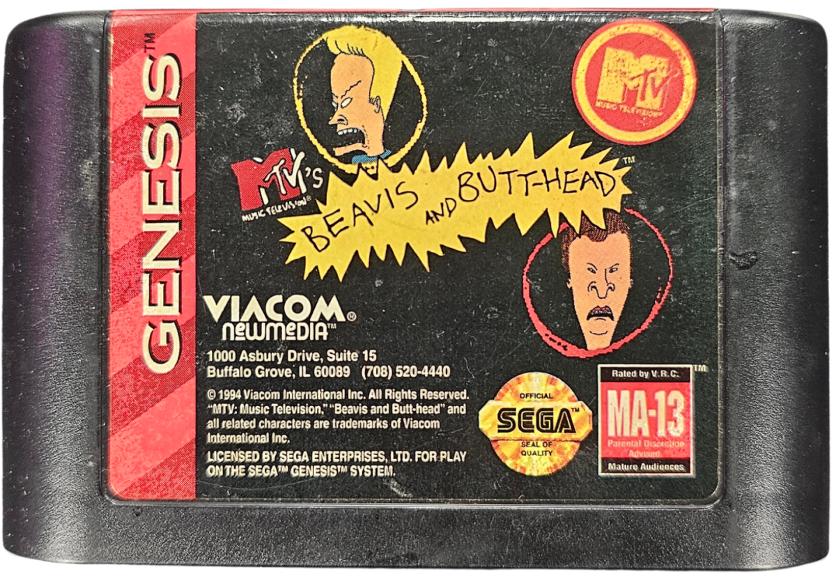 Beavis and Butt-Head Sega Genesis GEN video game featuring side scrolling action platforming gameplay iconic MTV animated characters Beavis and Butt-Head rock music inspired adventure humor filled missions suburban exploration enemy encounters object collecting obstacles and hazards outrageous cartoon antics comedy themed challenges and classic 16 bit Sega gaming retro video game collection collectible gaming appeal game cartridge