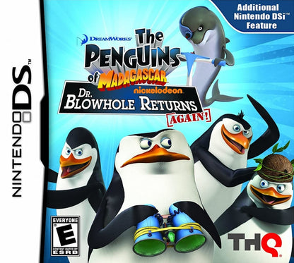 Penguins of Madagascar Dr Blowhole Returns for Nintendo DS, cover image for an action-adventure video game with mission-based gameplay, mini-games, cartoon-style humor, and character-driven challenges